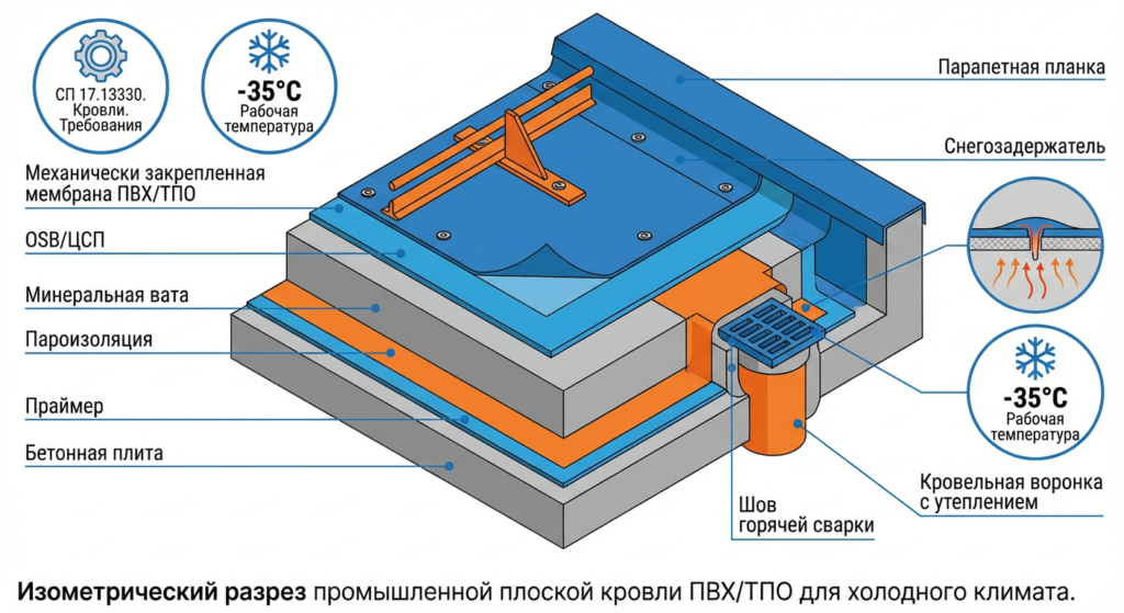 Ремонт промышленной кровли ПВХ-мембраной